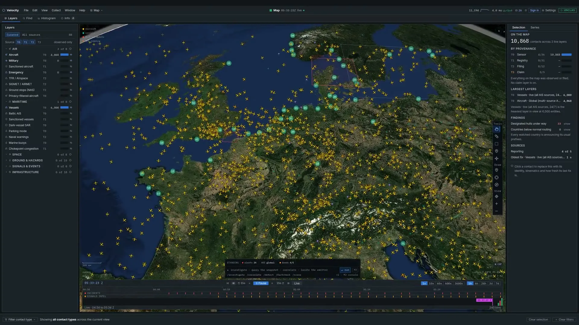 Velocity's console over Europe: layers on the left, provenance on the right, the replay timeline along the bottom